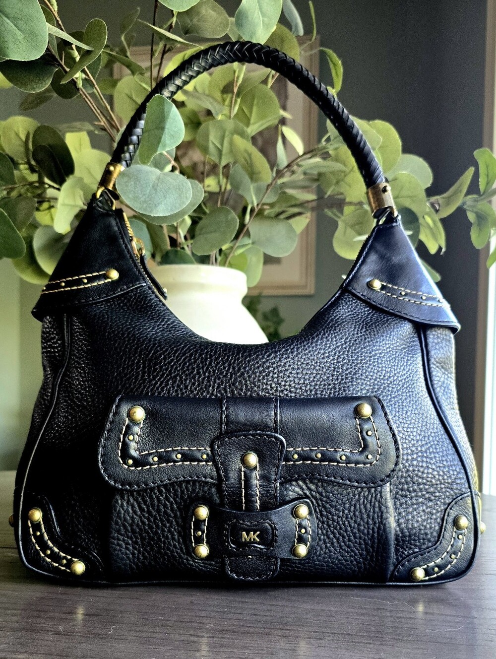 Michael Kors Vintage Black Leather Hobo Bag With Braided Strap